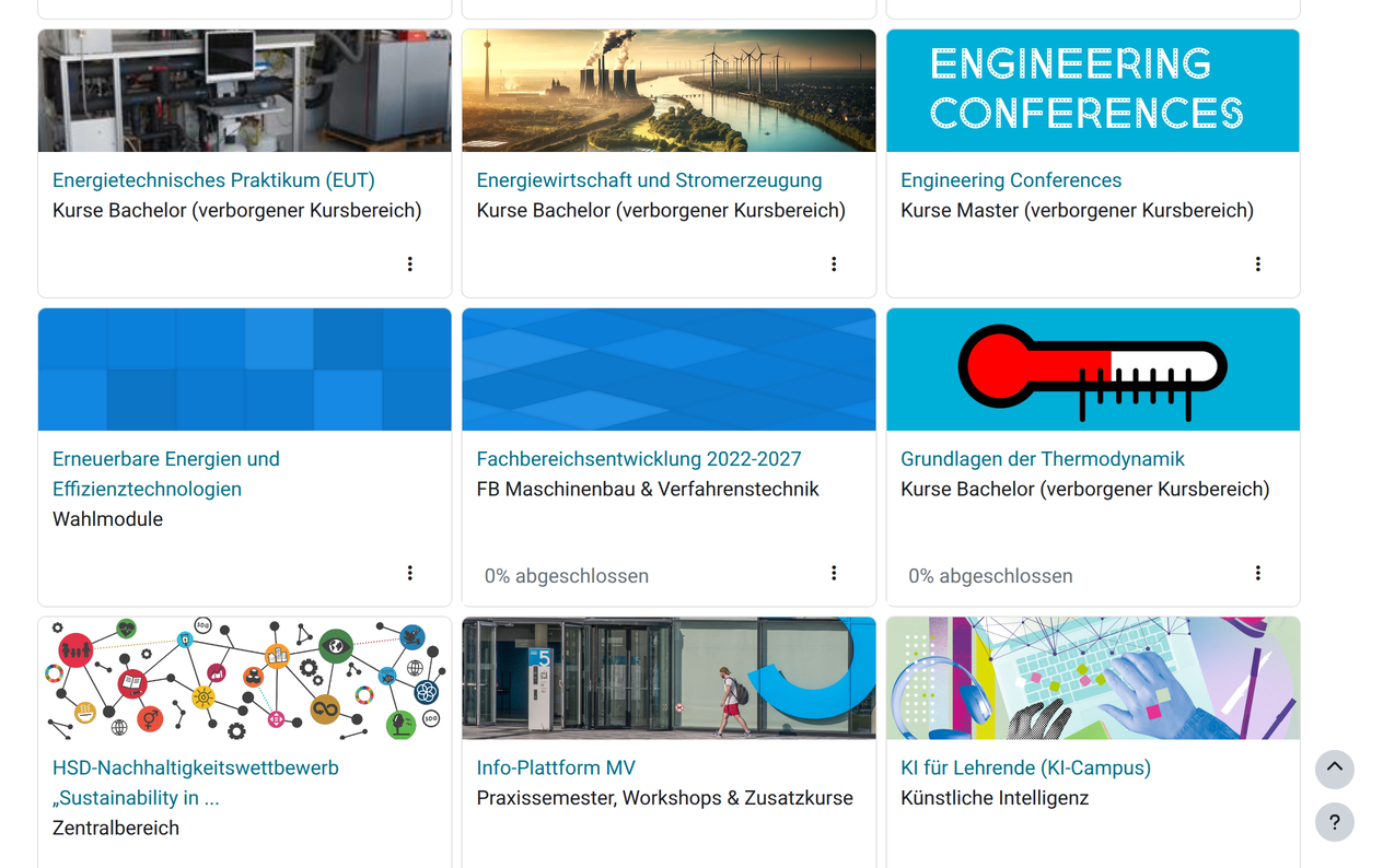 Moodle-Dashboard mit zahlreichen Kurs-Kacheln