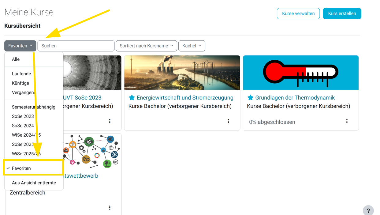 Kursübersicht mit aktiviertem Favoriten-Filter