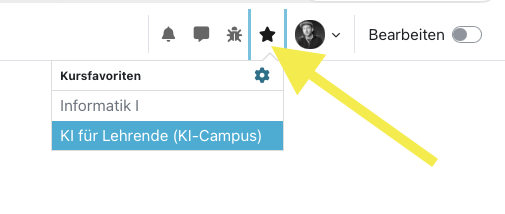 Stern-Symbol in der Moodle-Kopfnavigation mit geöffnetem Dropdown-Menü Kursfavoriten