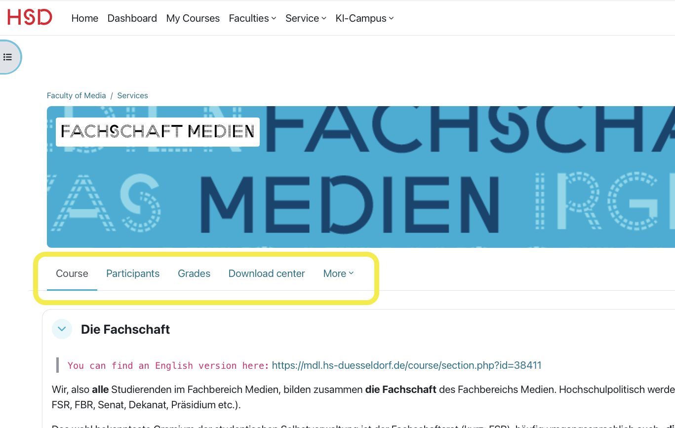 Inside a Moodle course with secondary navigation tabs