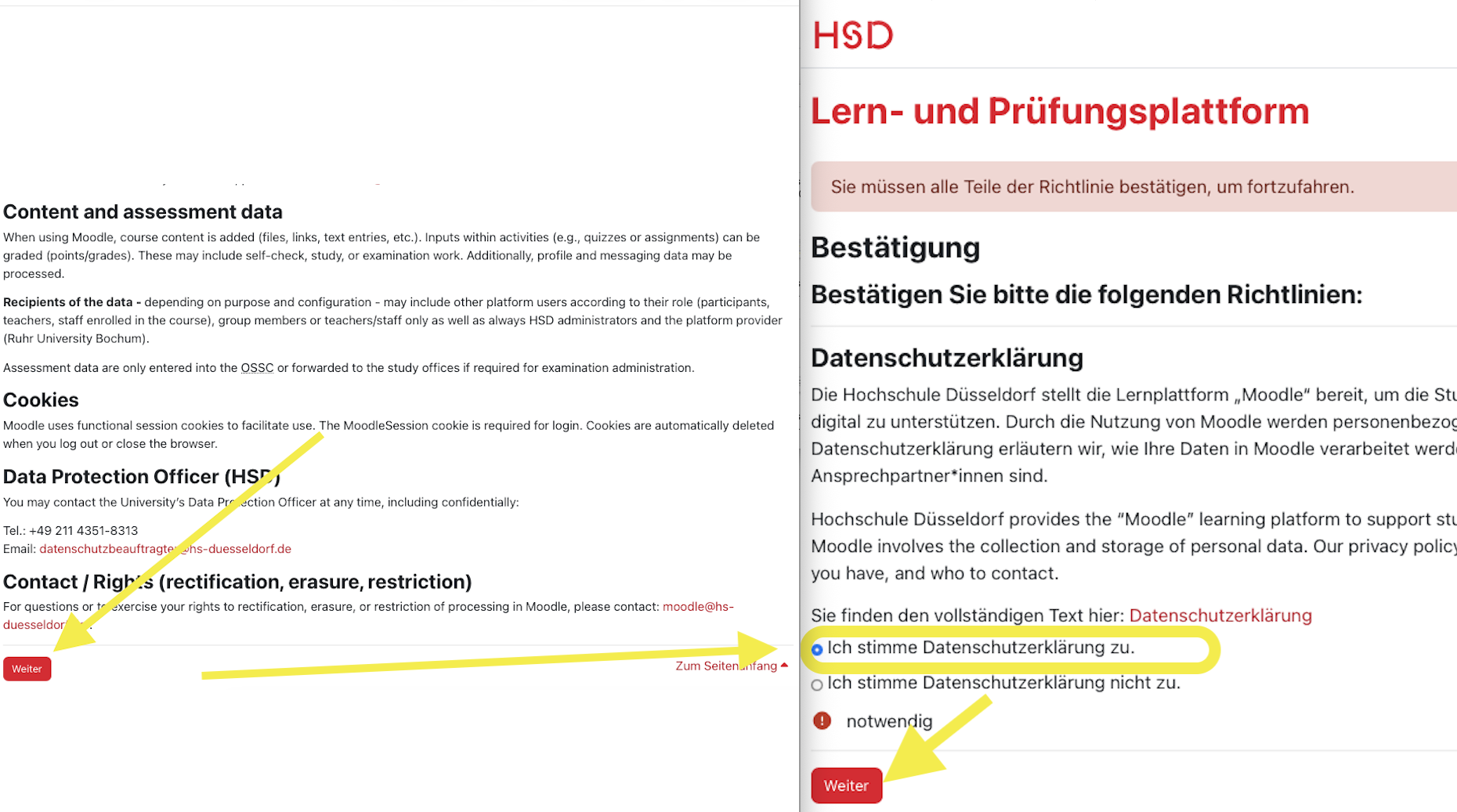 Moodle privacy policy acceptance screen with the agree option and continue button highlighted