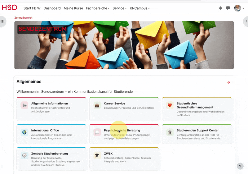 Animation: Im Block „Foren durchsuchen“ einen Suchbegriff eingeben und passende Beiträge im Sendezentrum finden