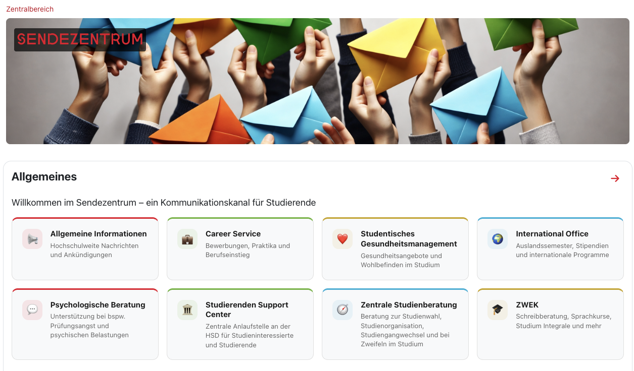 Startseite des Sendezentrums im HSD-Moodle mit Foren-Übersicht: Allgemeine Informationen, Career Service, Studentisches Gesundheitsmanagement, International Office, Psychologische Beratung, Studierenden Support Center, Zentrale Studienberatung und ZWEK
