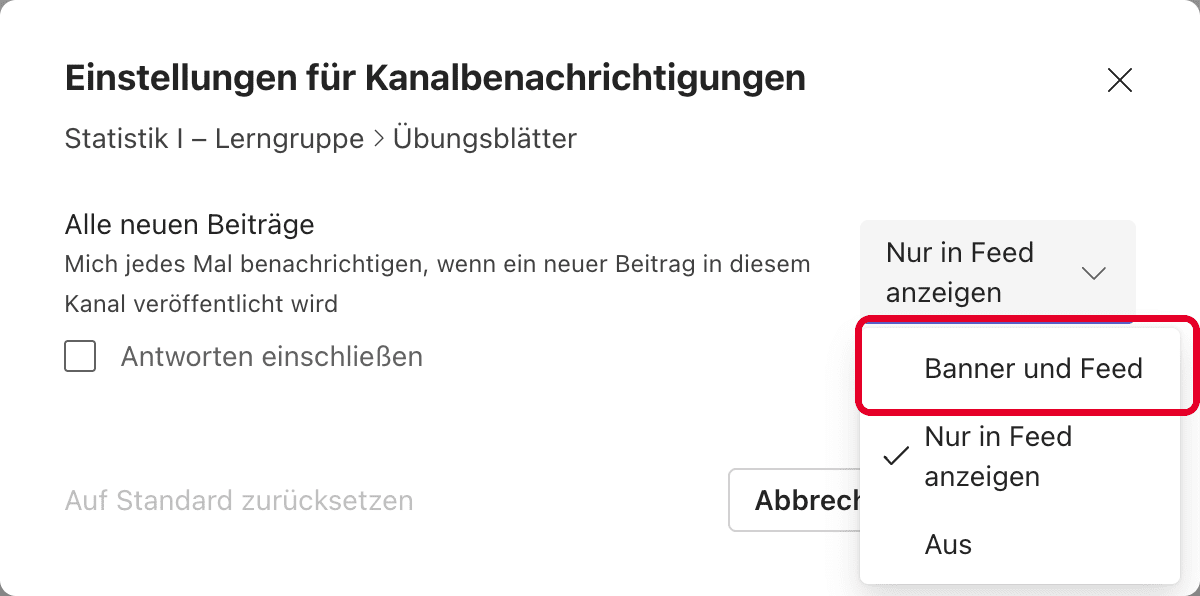 Dialog „Einstellungen für Kanalbenachrichtigungen“ mit der Auswahl „Banner und Feed“ bei „Alle neuen Beiträge“.