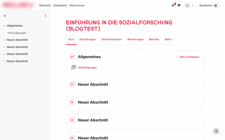 In Moodle den Reiter Einstellungen öffnen und prüfen, ob die Kurssichtbarkeit auf „Sichtbar machen“ steht.