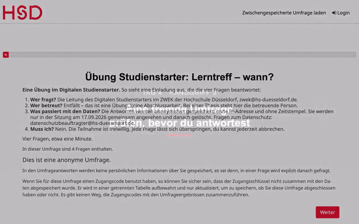 Die Startseite einer Übungsumfrage auf umfrage.hs-duesseldorf.de nennt, wer fragt, wer betreut, was mit den Daten passiert und dass die Teilnahme freiwillig ist; erst danach ‚Weiter‘.